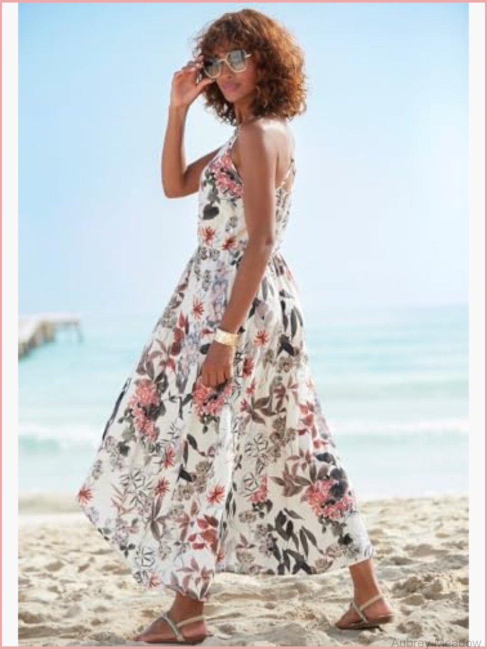 Women's Floral High Low Midi Dress Sleeveless V-Neck Elastic Waist - Picture 6 of 6